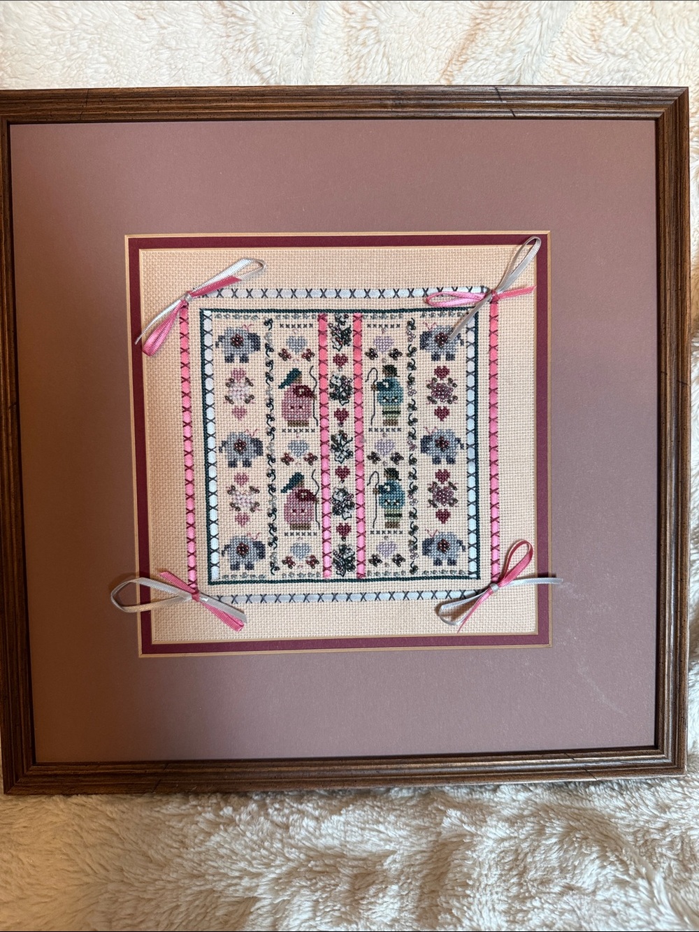 Framed Mixed Media Cross-Stitch Art in Pink and Cream